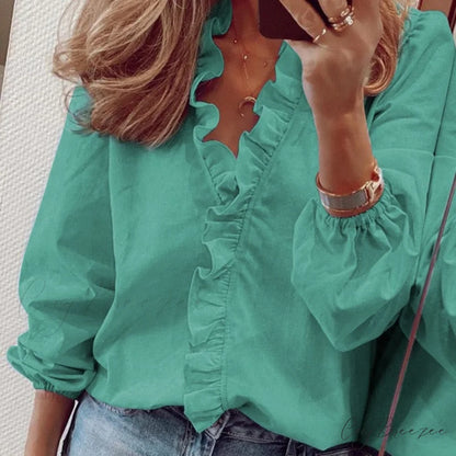 Top Solid Long Arm Blouse White Elegant Women’s Color Femme Chemise Streetwear S / Green long