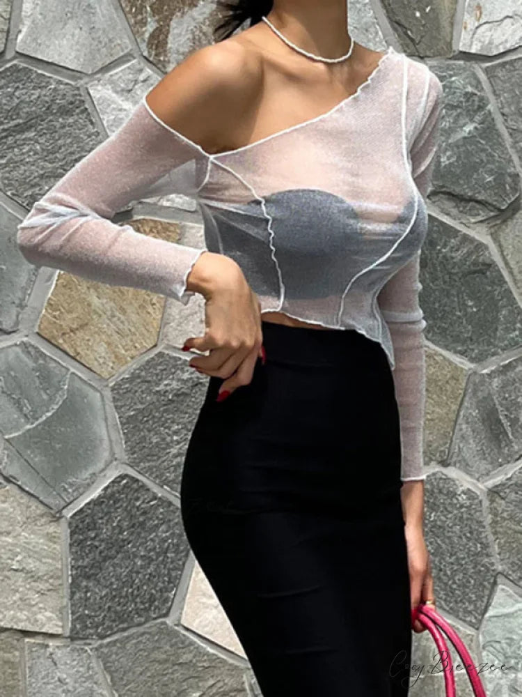 Top Solid Mesh Color for One-shoulder Sexy Crop Sheer Women