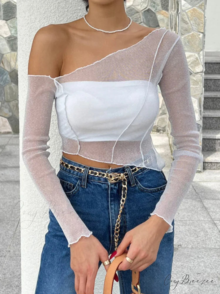Top Solid Mesh Color for One-shoulder Sexy Crop Sheer Women White / S