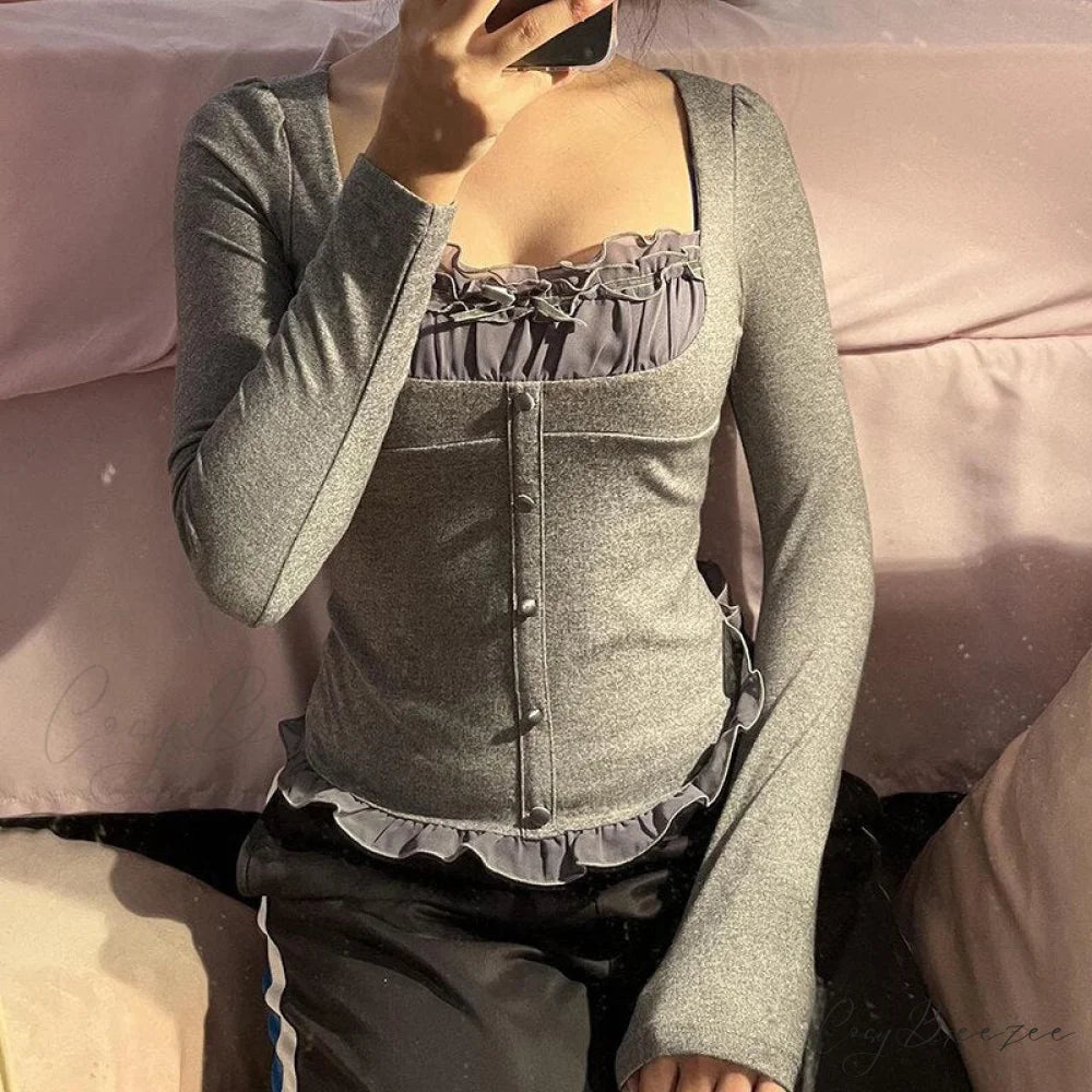 Tops Aesthetic Long Boxy Patchwork Crop Harajuku Y2K T-Shirt Vintage Women Shirts collar Arm Casual Tee Grunge