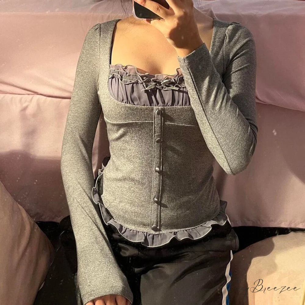 Tops Aesthetic Long Boxy Patchwork Crop Harajuku Y2K T-Shirt Vintage Women Shirts collar Arm Casual Tee Grunge