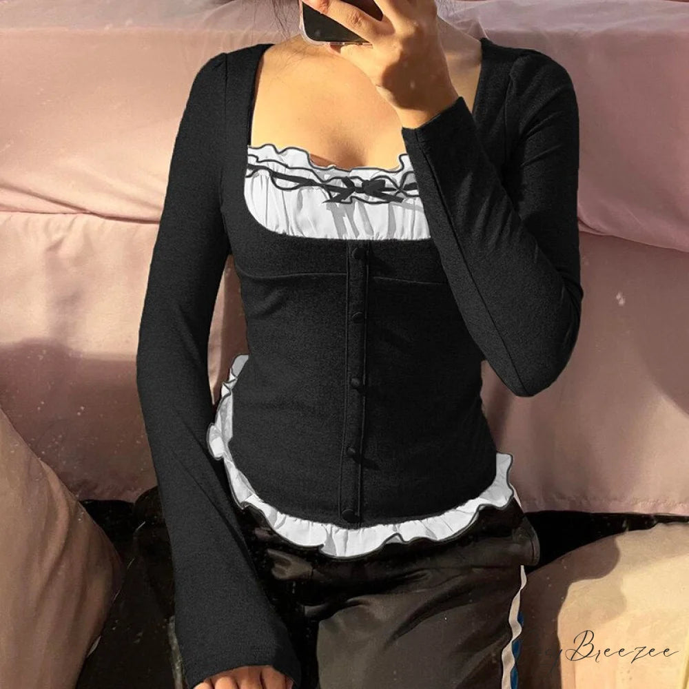 Tops Aesthetic Long Boxy Patchwork Crop Harajuku Y2K T-Shirt Vintage Women Shirts collar Arm Casual Tee Grunge black / S