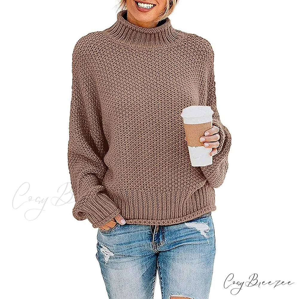 Tops Arm Oversized Knitted Sweater Batwing for Turtleneck Pullover Women Khaki / S