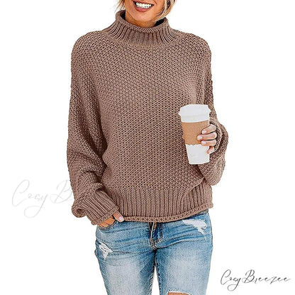 Tops Arm Oversized Knitted Sweater Batwing for Turtleneck Pullover Women Khaki / S