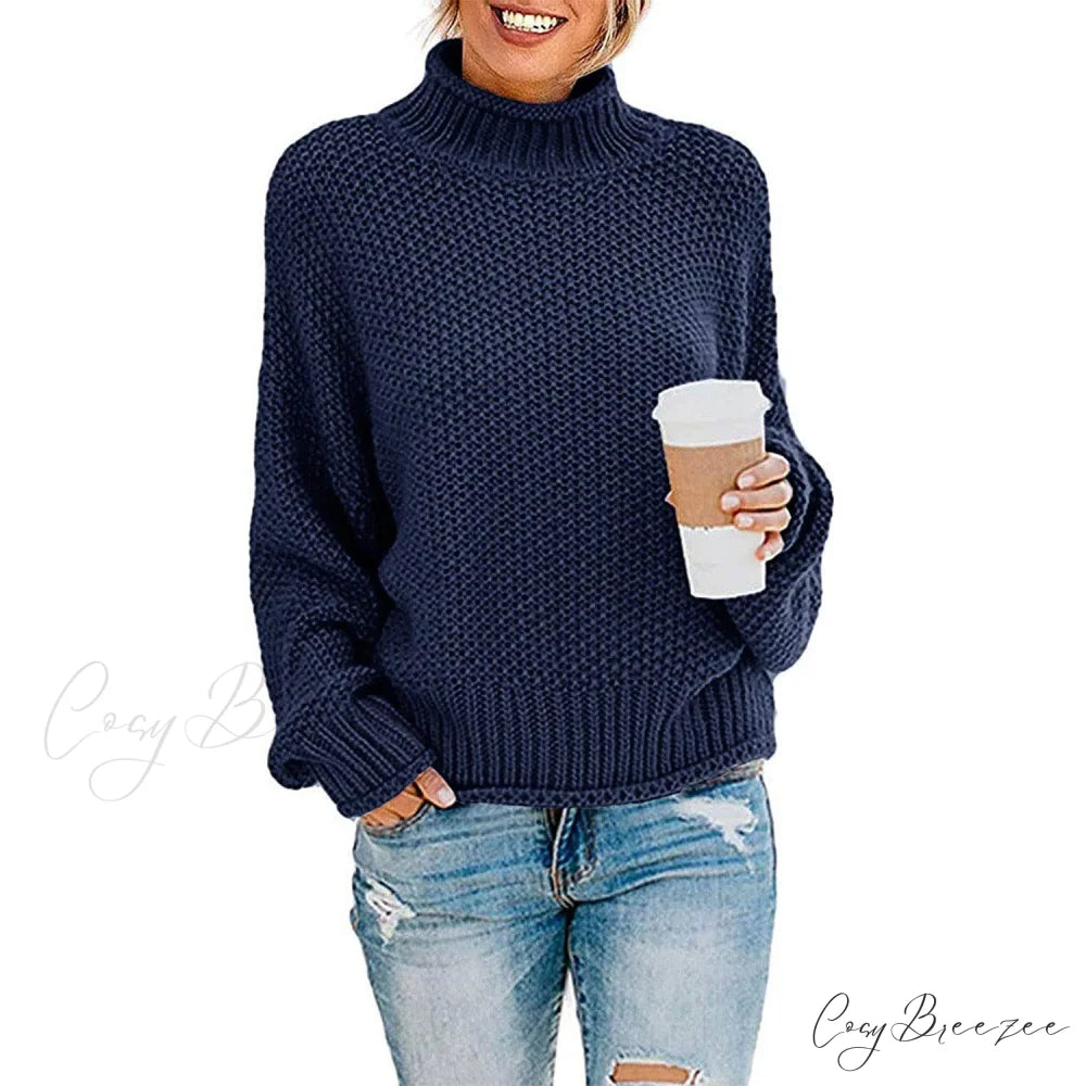 Tops Arm Oversized Knitted Sweater Batwing for Turtleneck Pullover Women Navy / S