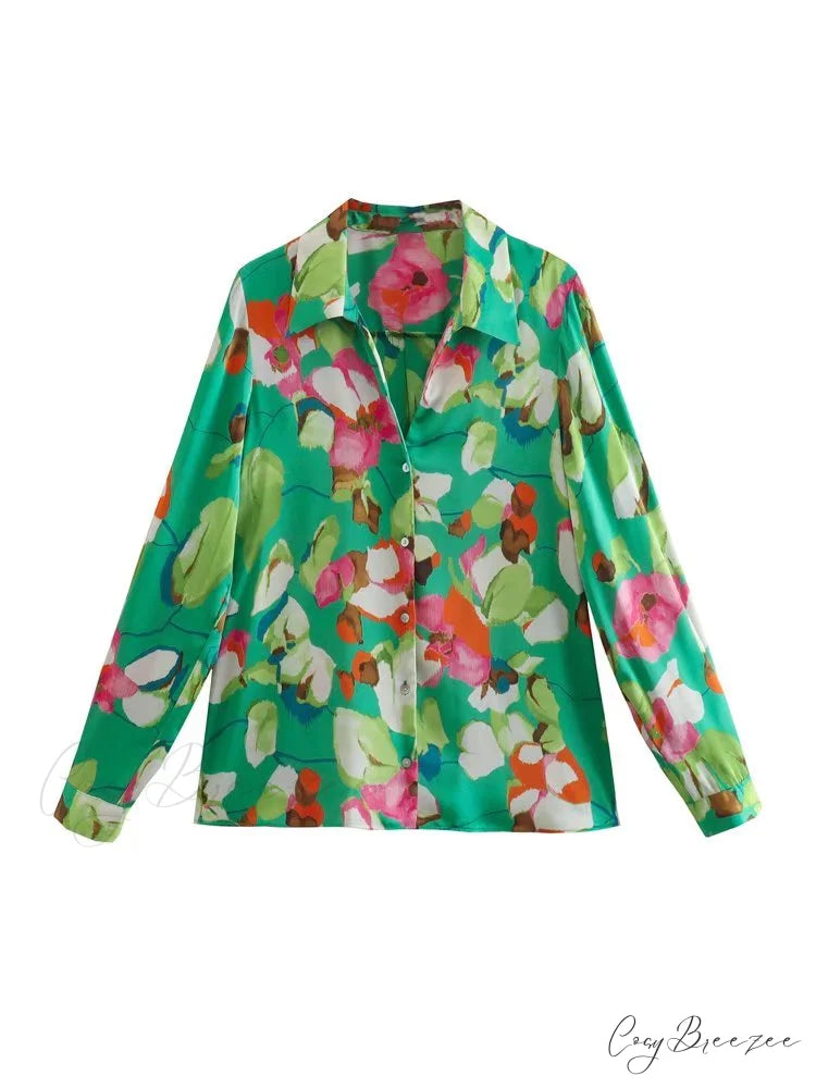 Tops Design for Breasted Vintage Blouse Contrast Color Shirts Arm Thin Satin Chic Single Casual Long Women Green / XS