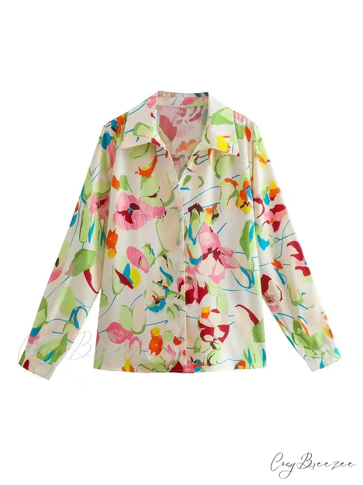 Tops Design for Breasted Vintage Blouse Contrast Color Shirts Arm Thin Satin Chic Single Casual Long Women Yellow / XS