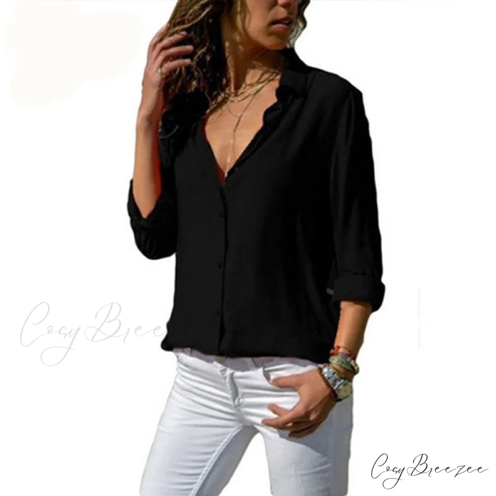 Tops Female Office Warm-Season Blouse Women V-Neck Casual Solid Shirts Chiffon Regular Black / S