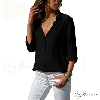Tops Female Office Warm-Season Blouse Women V-Neck Casual Solid Shirts Chiffon Regular Black / S