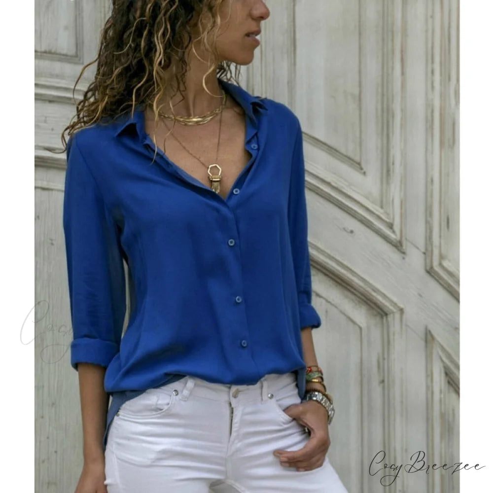 Tops Female Office Warm-Season Blouse Women V-Neck Casual Solid Shirts Chiffon Regular Dark Blue / S