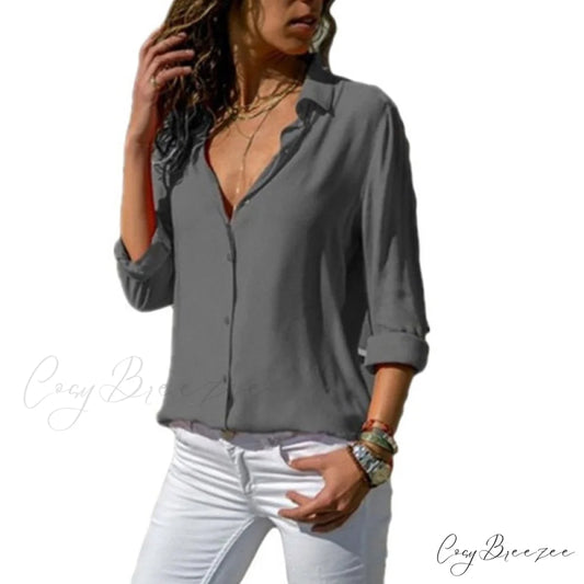 Tops Female Office Warm-Season Blouse Women V-Neck Casual Solid Shirts Chiffon Regular Gray / S