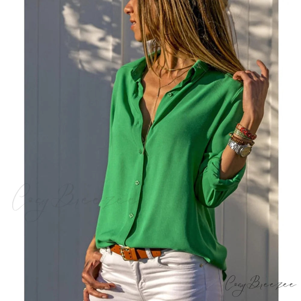 Tops Female Office Warm-Season Blouse Women V-Neck Casual Solid Shirts Chiffon Regular Green / S