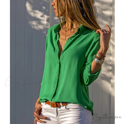 Tops Female Office Warm-Season Blouse Women V-Neck Casual Solid Shirts Chiffon Regular Green / S