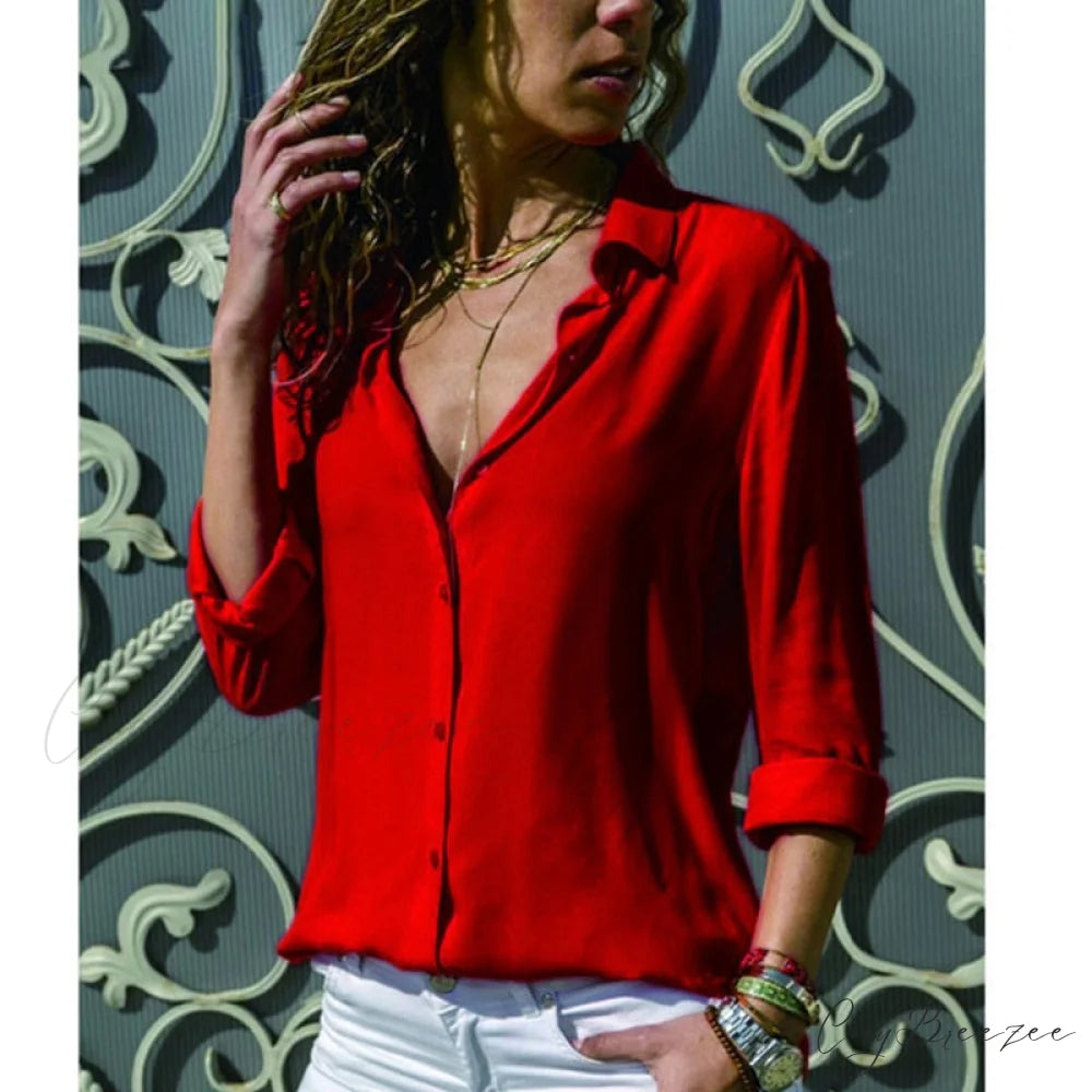 Tops Female Office Warm-Season Blouse Women V-Neck Casual Solid Shirts Chiffon Regular Red / S