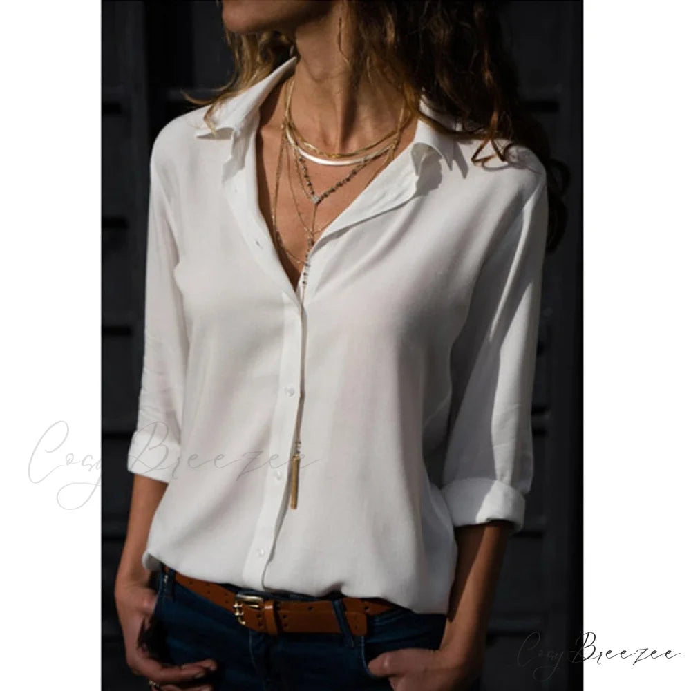 Tops Female Office Warm-Season Blouse Women V-Neck Casual Solid Shirts Chiffon Regular White / S