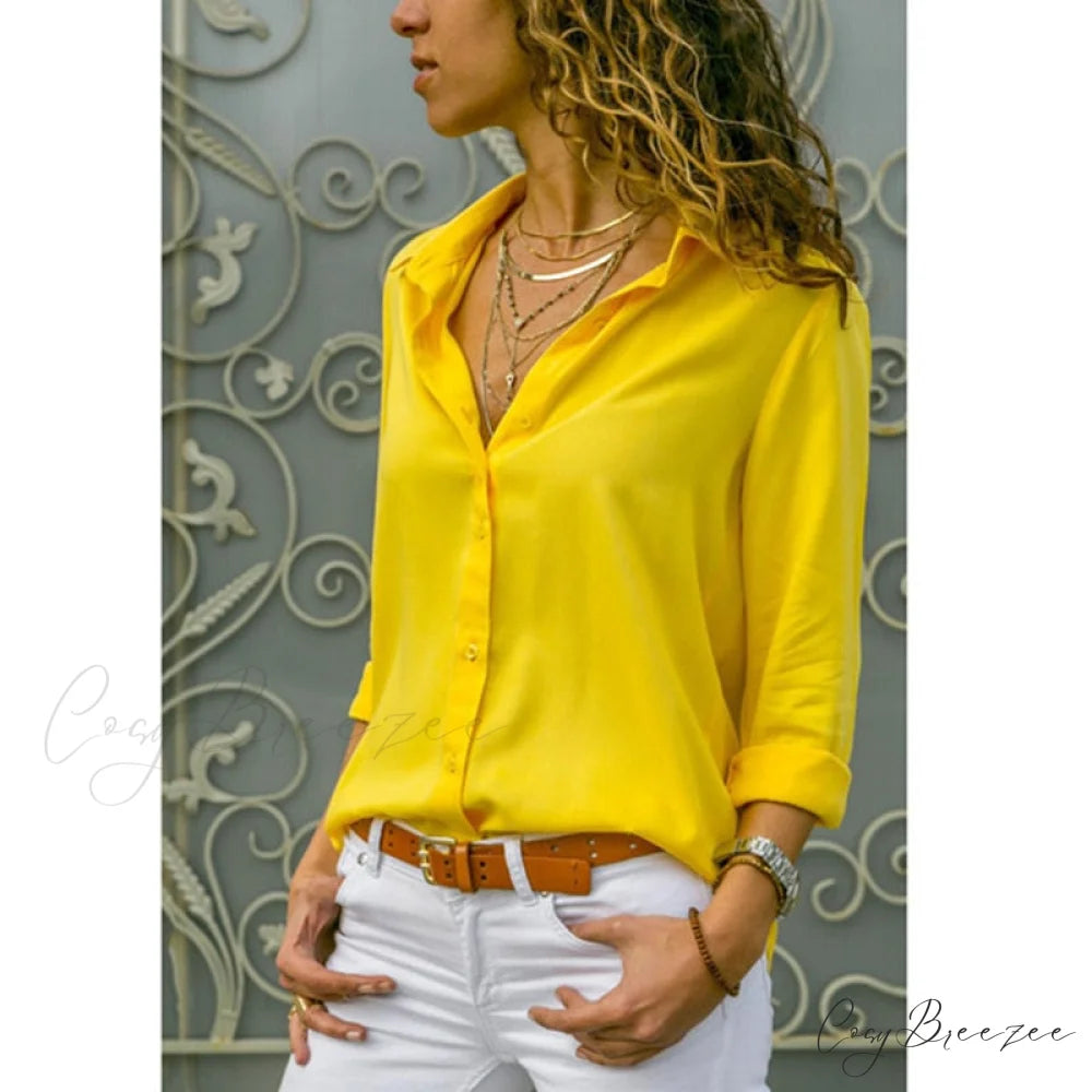 Tops Female Office Warm-Season Blouse Women V-Neck Casual Solid Shirts Chiffon Regular Yellow / S