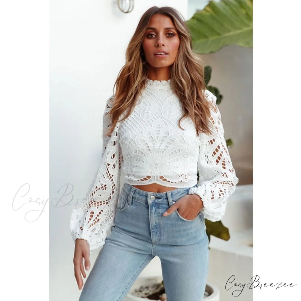 Tops Lace Blouse White Cropped Women’s Blouse Turtleneck 16296