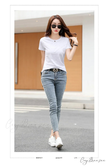 Tops Loose Tee-Shirts Blue Ribbed Warm-Season Cotton T-shirts Casual Button O-Neck Fashion Korea Women S-3XL