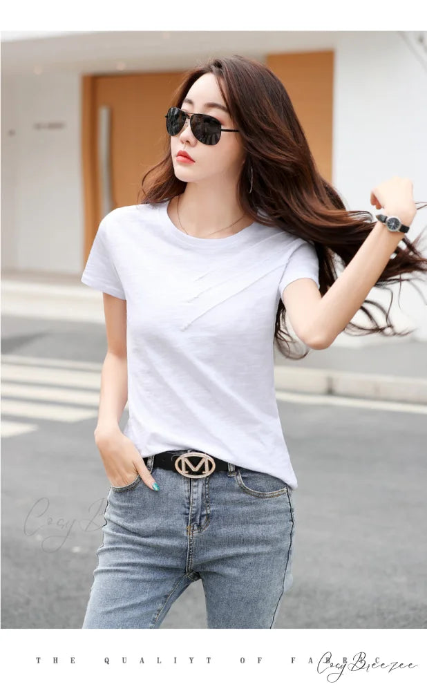 Tops Loose Tee-Shirts Blue Ribbed Warm-Season Cotton T-shirts Casual Button O-Neck Fashion Korea Women S-3XL