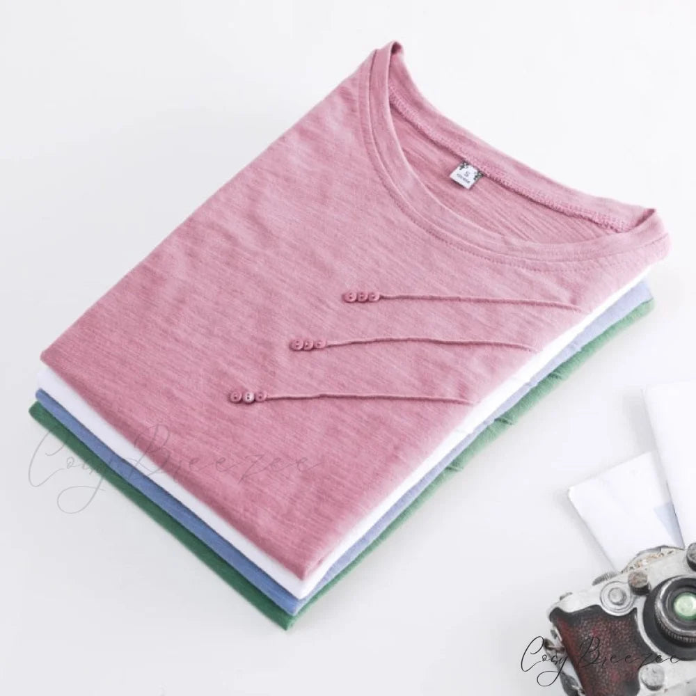 Tops Loose Tee-Shirts Blue Ribbed Warm-Season Cotton T-shirts Casual Button O-Neck Fashion Korea Women S-3XL
