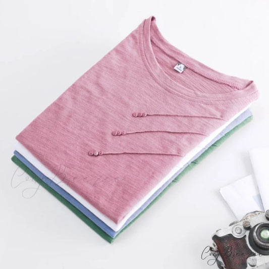 Tops Loose Tee-Shirts Blue Ribbed Warm-Season Cotton T-shirts Casual Button O-Neck Fashion Korea Women S-3XL