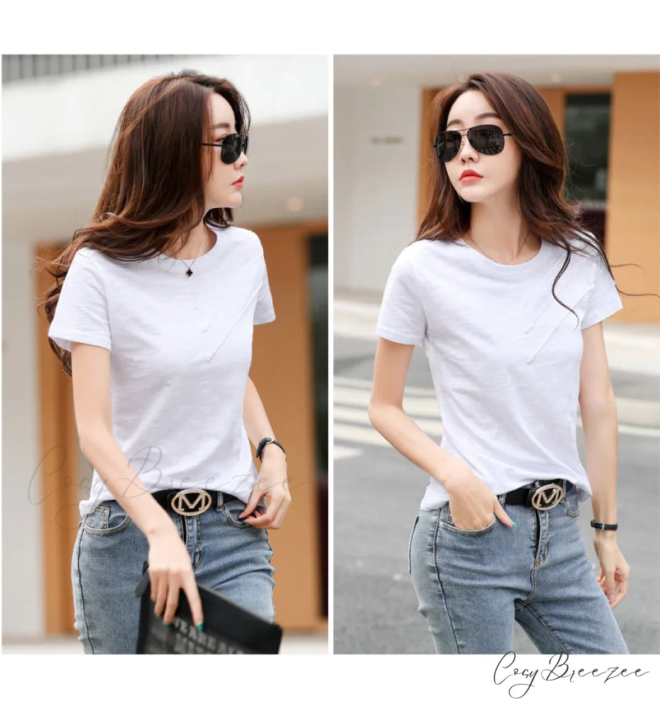 Tops Loose Tee-Shirts Blue Ribbed Warm-Season Cotton T-shirts Casual Button O-Neck Fashion Korea Women S-3XL