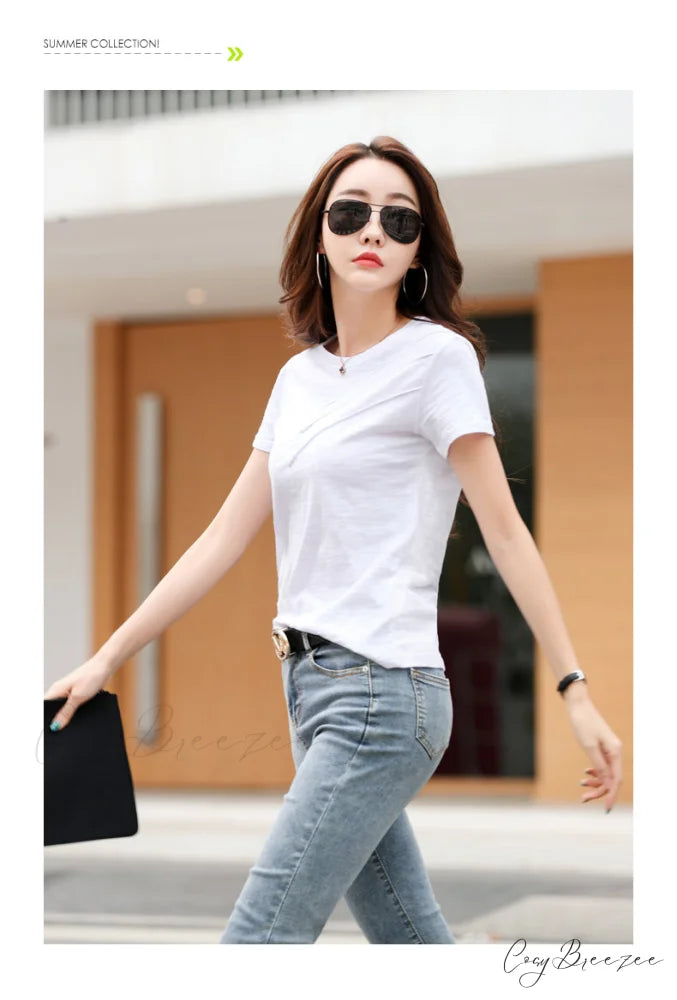 Tops Loose Tee-Shirts Blue Ribbed Warm-Season Cotton T-shirts Casual Button O-Neck Fashion Korea Women S-3XL