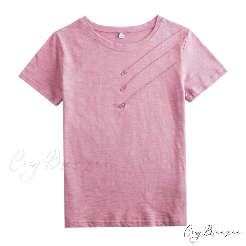 Tops Loose Tee-Shirts Blue Ribbed Warm-Season Cotton T-shirts Casual Button O-Neck Fashion Korea Women S-3XL