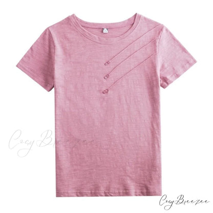 Tops Loose Tee-Shirts Blue Ribbed Warm-Season Cotton T-shirts Casual Button O-Neck Fashion Korea Women S-3XL