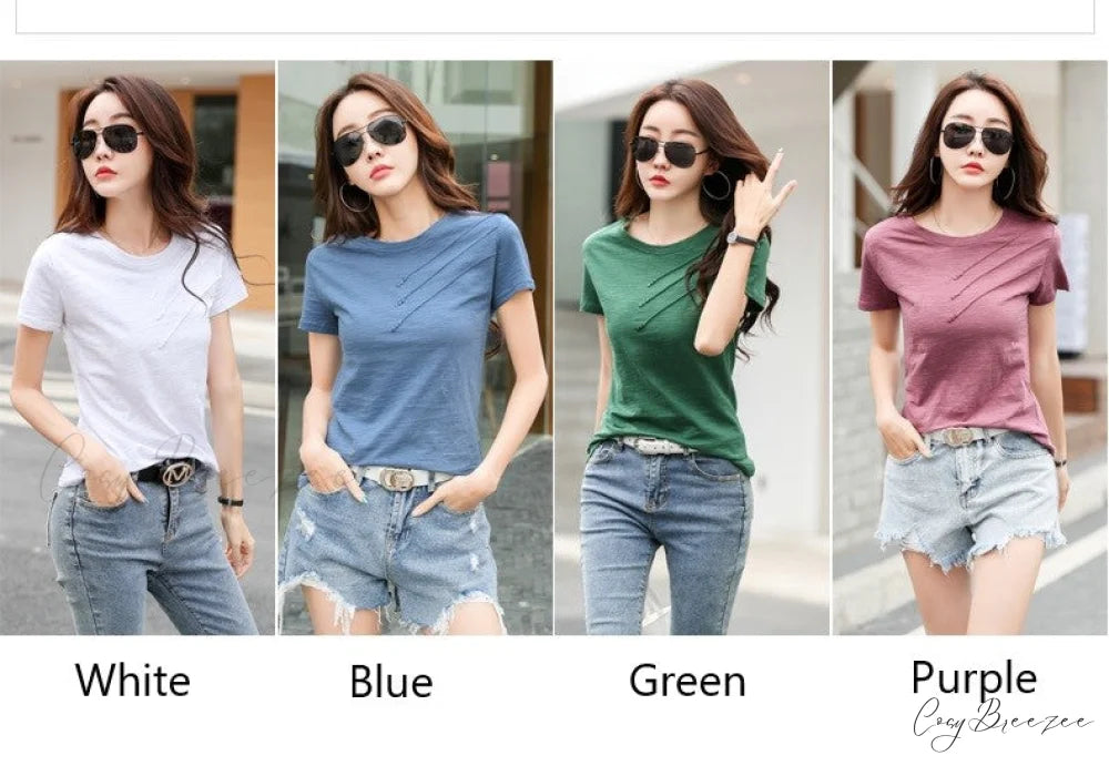 Tops Loose Tee-Shirts Blue Ribbed Warm-Season Cotton T-shirts Casual Button O-Neck Fashion Korea Women S-3XL