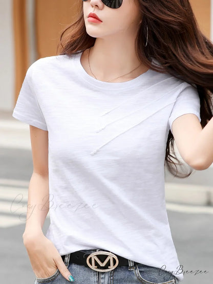 Tops Loose Tee-Shirts Blue Ribbed Warm-Season Cotton T-shirts Casual Button O-Neck Fashion Korea Women S-3XL White / S