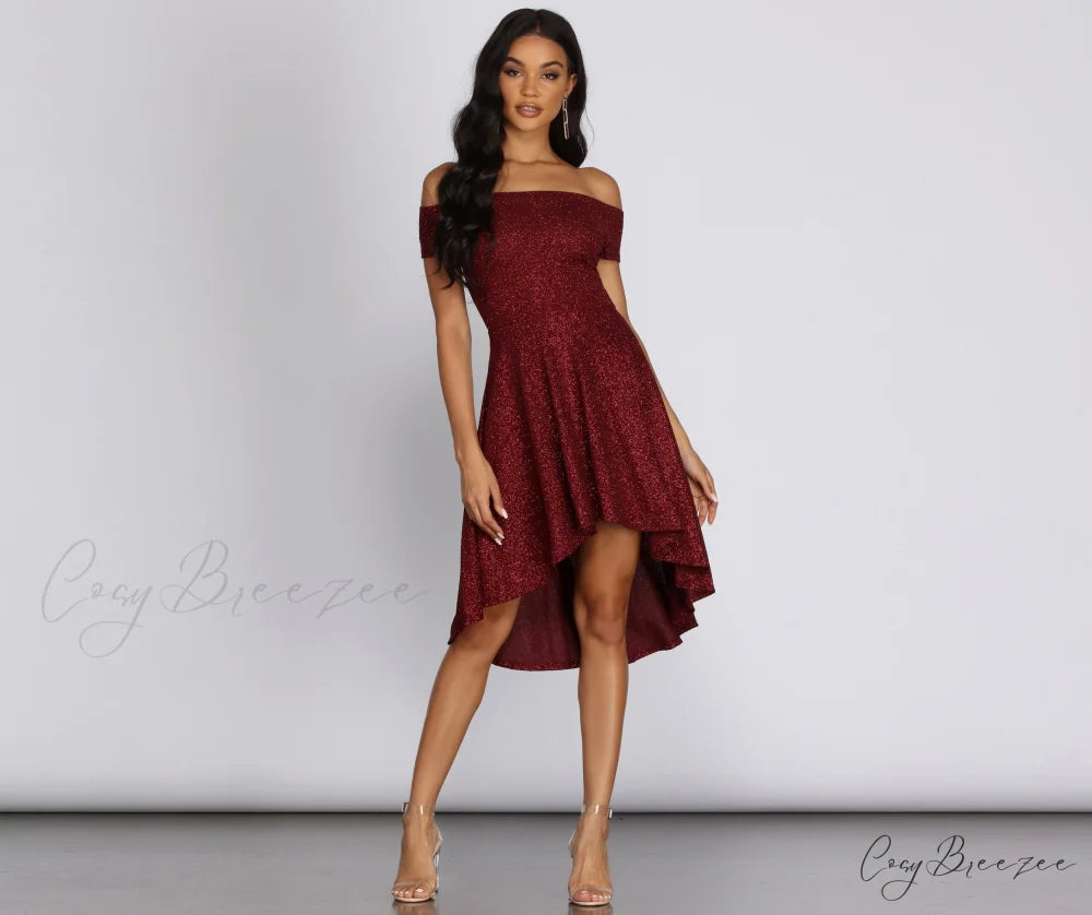 Total Twirl Stylish Glitter Skater Dress BURGUNDY / XS