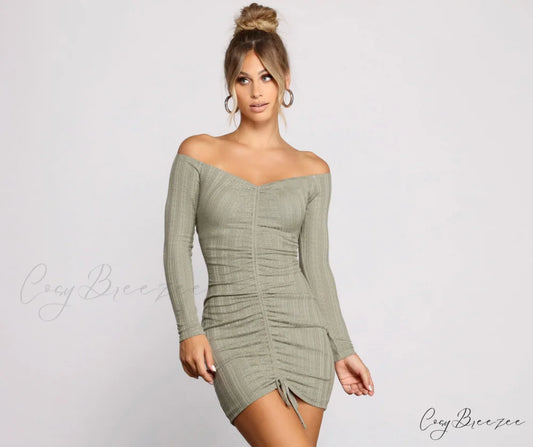 Totally Chic Ruched Charming Knit Mini Dress SAGE / XS