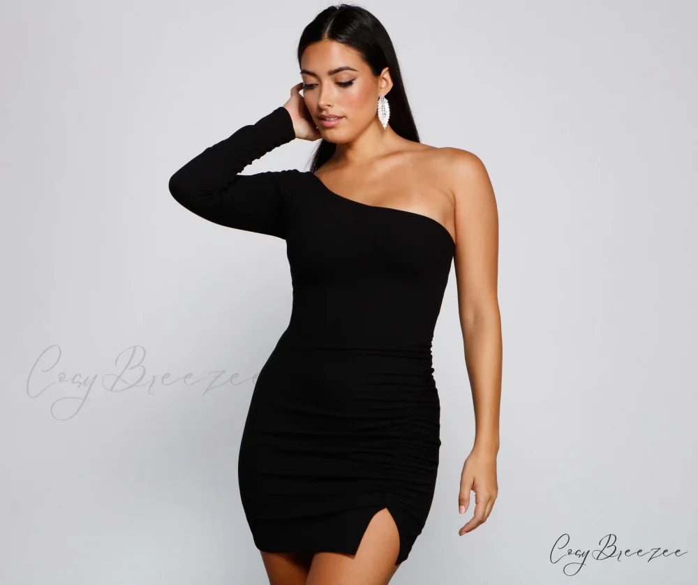 Totally Chic Stylish One-Shoulder Mini Dress BLACK / XS