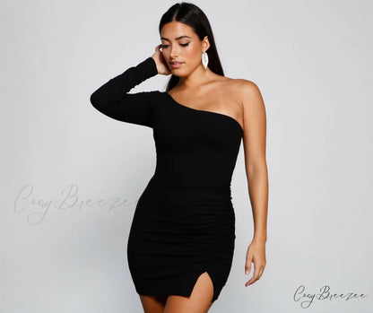 Totally Chic Stylish One-Shoulder Mini Dress BLACK / XS