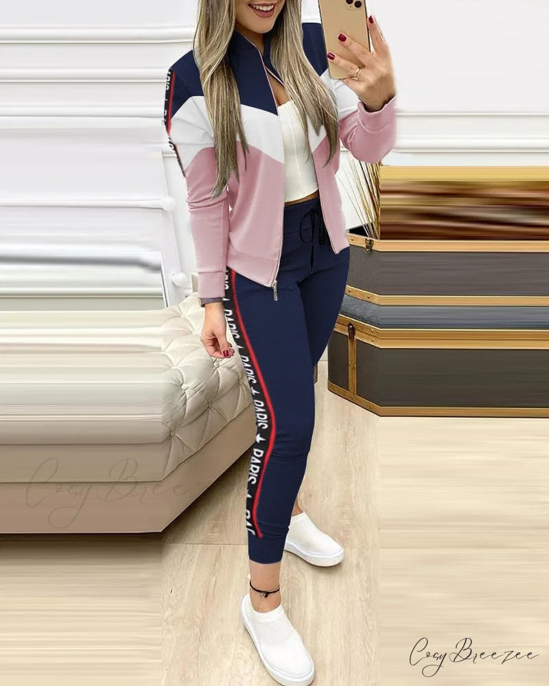 Tracksuit Winter - Zipper Piece for Pants Autumn + 2 Set Long Sports Jacket Suit Fashion Women