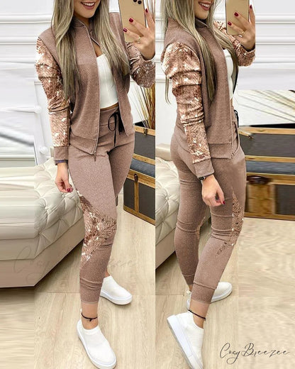 Tracksuit Winter - Zipper Piece for Pants Autumn + 2 Set Long Sports Jacket Suit Fashion Women Auburn / S