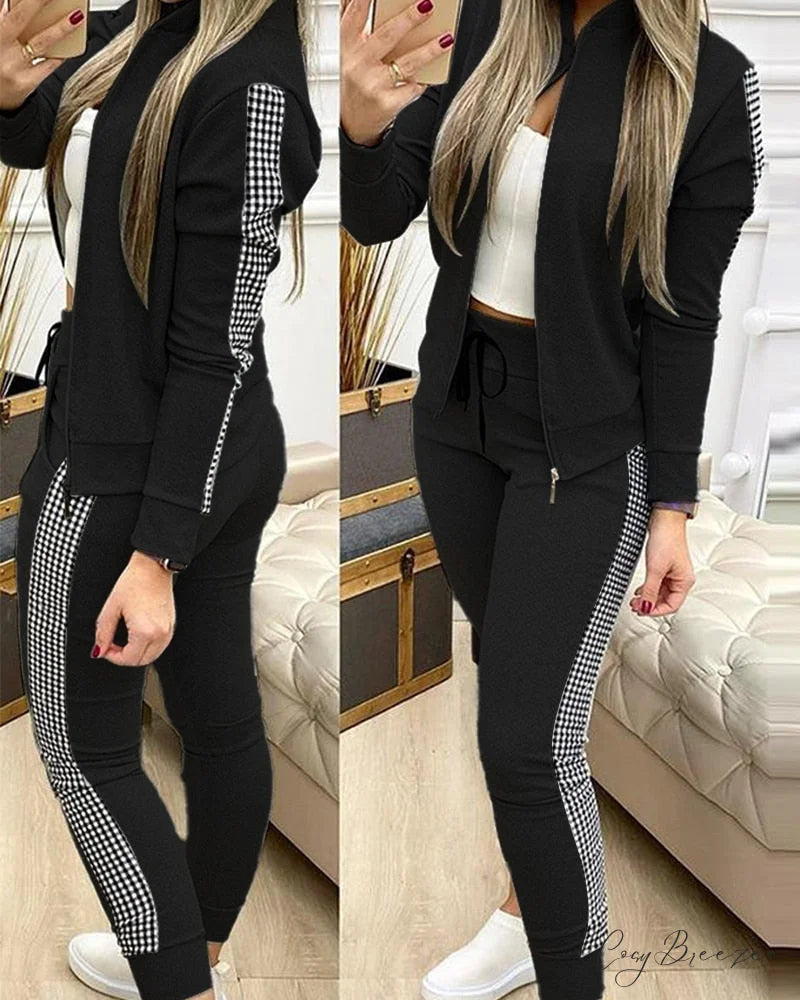 Tracksuit Winter - Zipper Piece for Pants Autumn + 2 Set Long Sports Jacket Suit Fashion Women Black / S