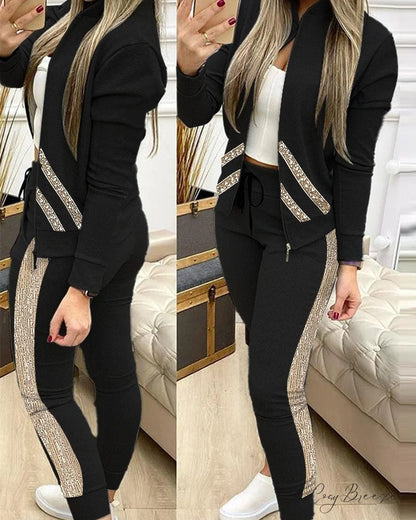 Tracksuit Winter - Zipper Piece for Pants Autumn + 2 Set Long Sports Jacket Suit Fashion Women Black Sequins / S