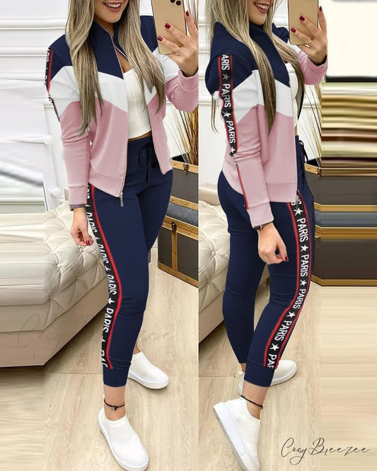 Tracksuit Winter - Zipper Piece for Pants Autumn + 2 Set Long Sports Jacket Suit Fashion Women Blue / S