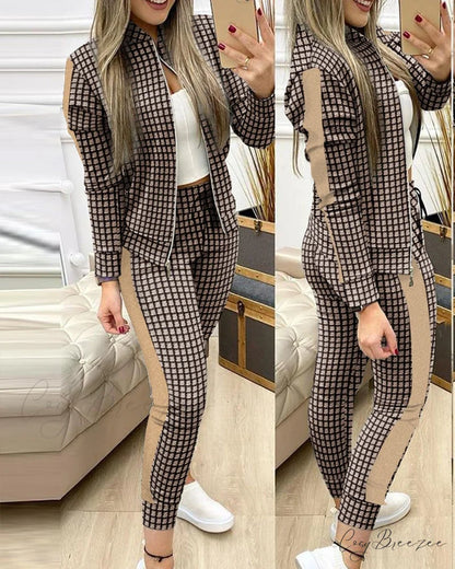 Tracksuit Winter - Zipper Piece for Pants Autumn + 2 Set Long Sports Jacket Suit Fashion Women coffee / S