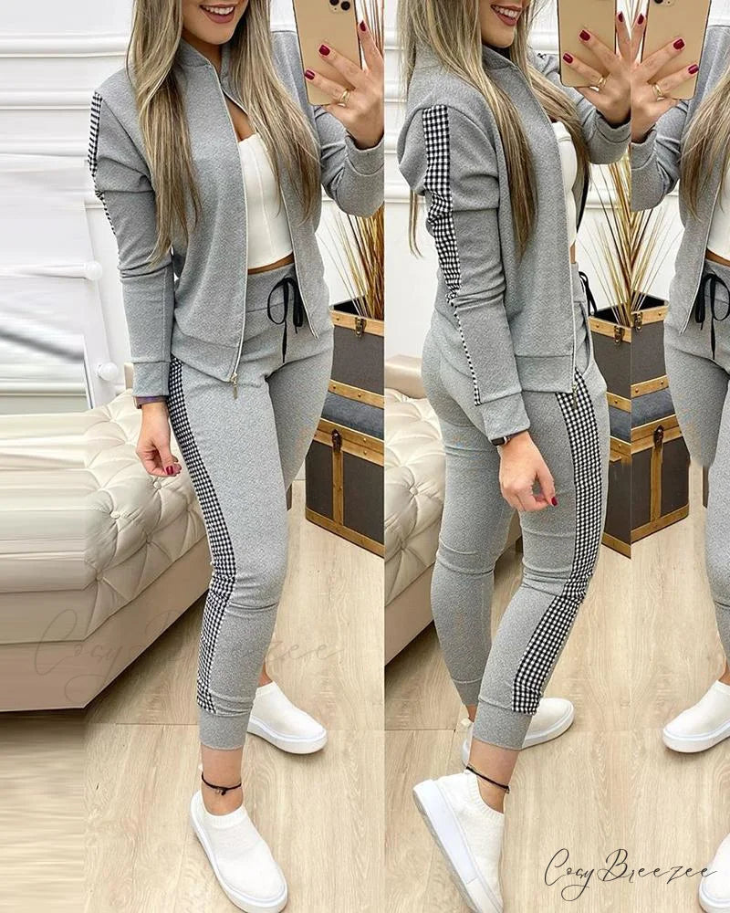 Tracksuit Winter - Zipper Piece for Pants Autumn + 2 Set Long Sports Jacket Suit Fashion Women Gray / S