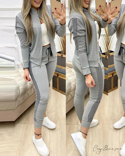 Tracksuit Winter - Zipper Piece for Pants Autumn + 2 Set Long Sports Jacket Suit Fashion Women Gray / S