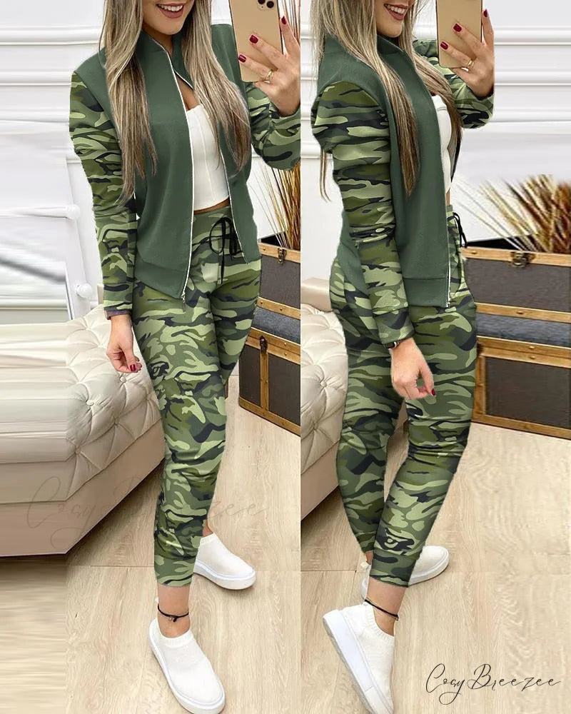 Tracksuit Winter - Zipper Piece for Pants Autumn + 2 Set Long Sports Jacket Suit Fashion Women Green / S
