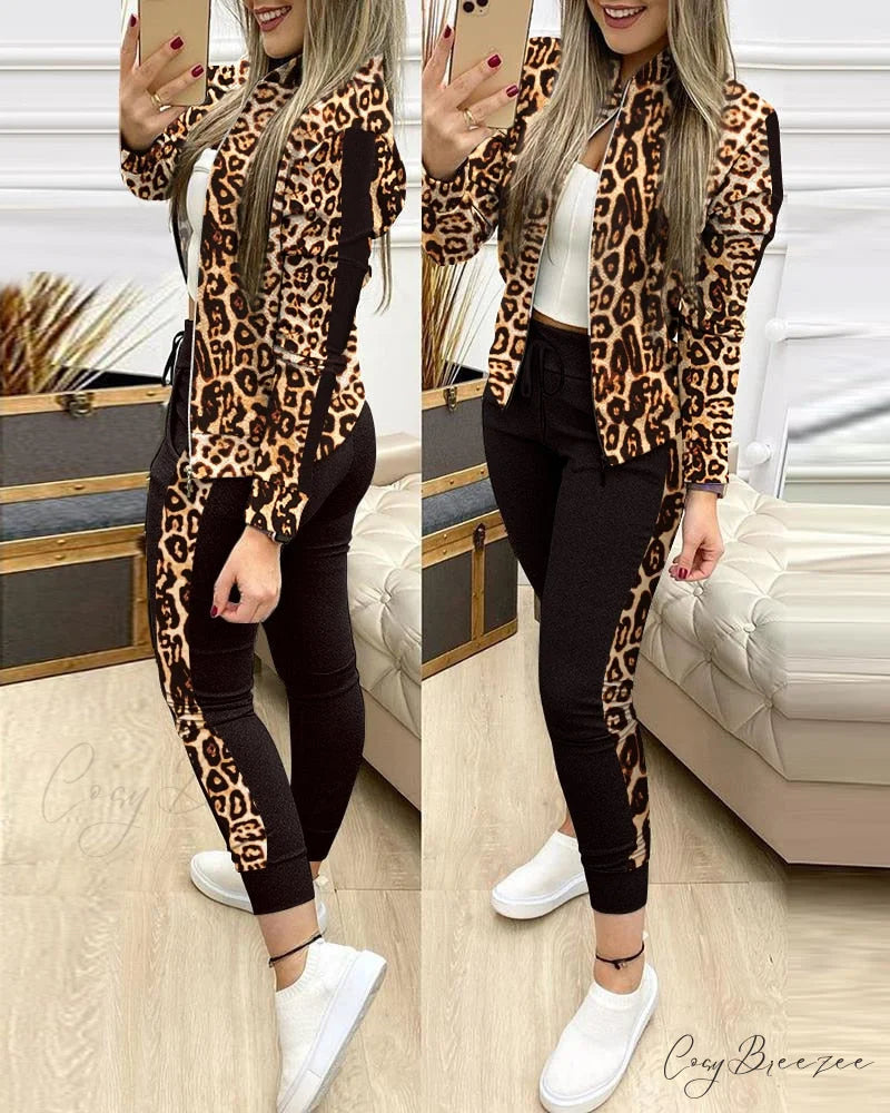 Tracksuit Winter - Zipper Piece for Pants Autumn + 2 Set Long Sports Jacket Suit Fashion Women Leopard / S