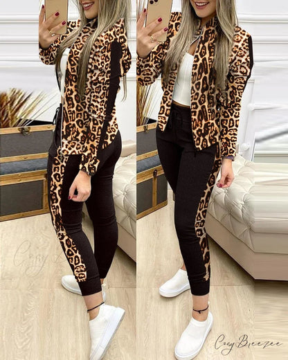 Tracksuit Winter - Zipper Piece for Pants Autumn + 2 Set Long Sports Jacket Suit Fashion Women Leopard / S