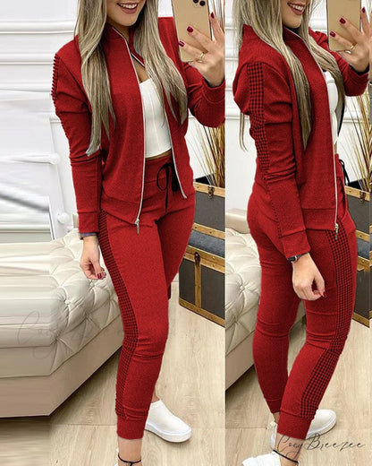 Tracksuit Winter - Zipper Piece for Pants Autumn + 2 Set Long Sports Jacket Suit Fashion Women Red / S