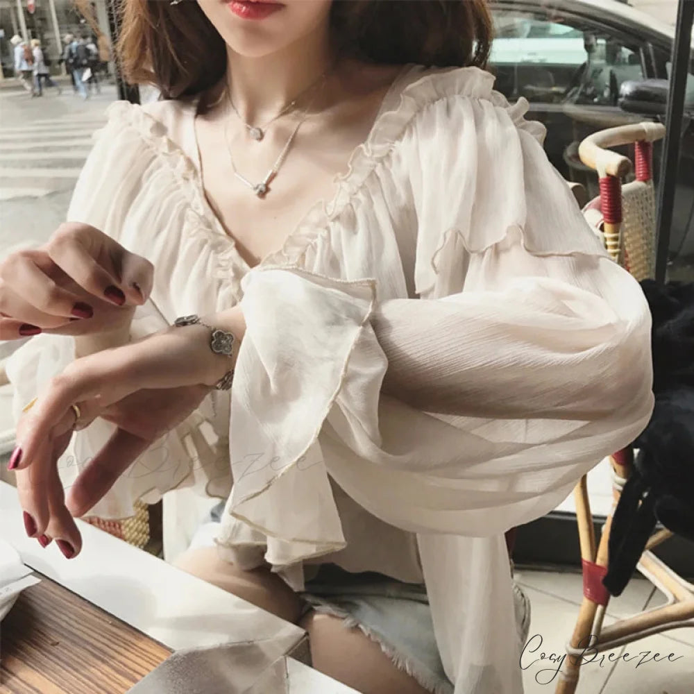 Transparent Boho Mesh Frilled Blouse blouse-250223