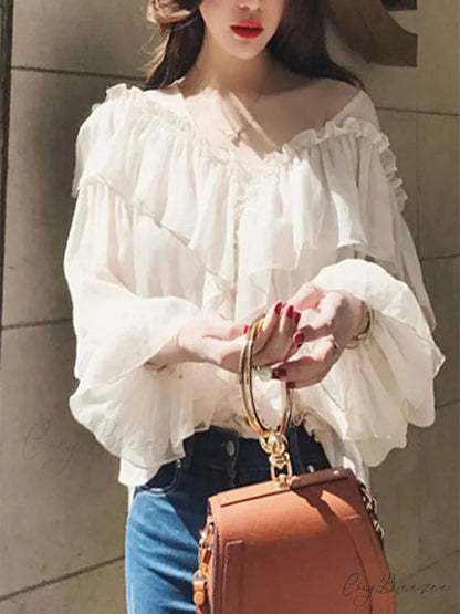 Transparent Boho Mesh Frilled Blouse APRICOT / S blouse-250223