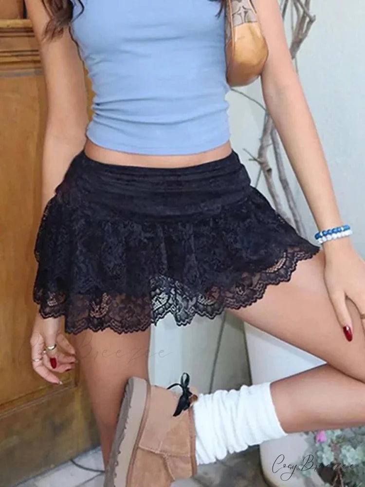 Transparent Floral Flounce Skirt Black / S skirts-250223